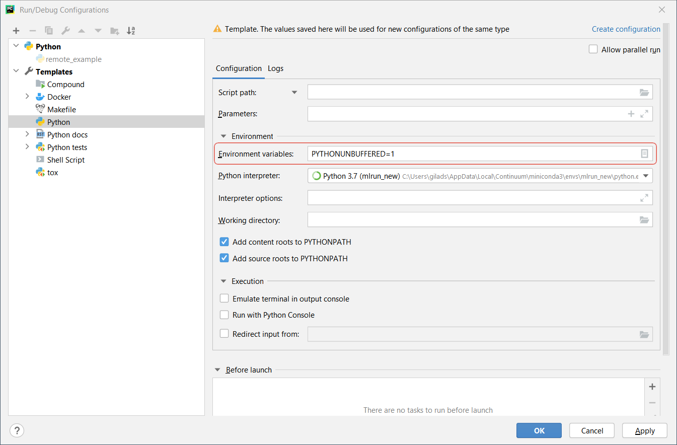 Edit configuration screen